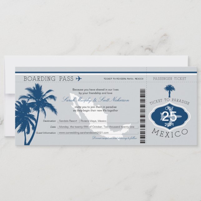 Gray and Navy Blue Mexico Boarding Pass Wedding Invitation (Front)