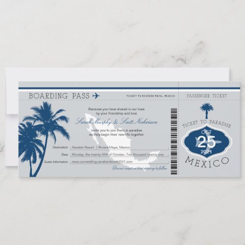 Gray and Navy Blue Mexico Boarding Pass Wedding Invitation