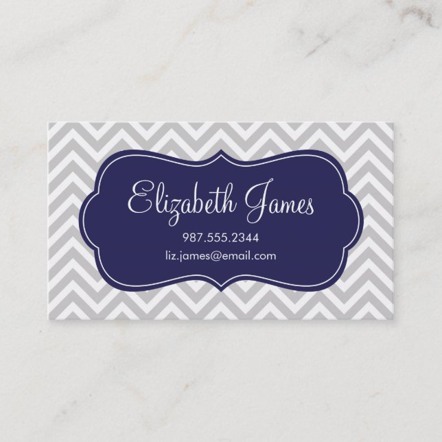 Gray and Navy Blue Modern Chevron Stripes Business Card (Front)