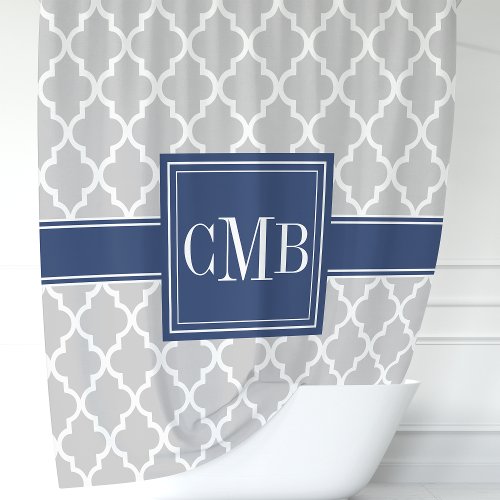 Gray and Navy Blue Moroccan Monogram Shower Curtain