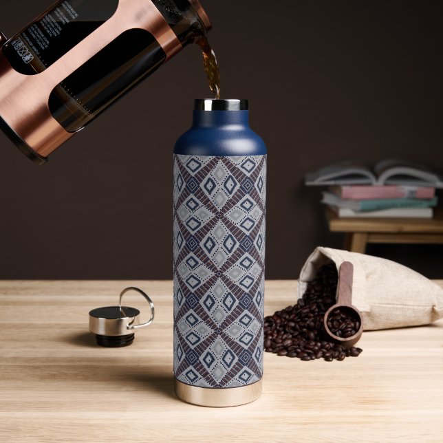 Gray and Navy Blue Mud Cloth Inspired Beautiful Water Bottle (Coffee)