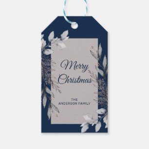 Gray and Navy Blue Winter Foliage Merry Christmas Gift Tags