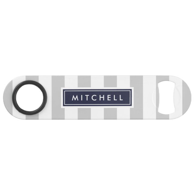 Gray and Navy Preppy Stripes Monogram Speed Bottle Opener (Front (Horizontal))