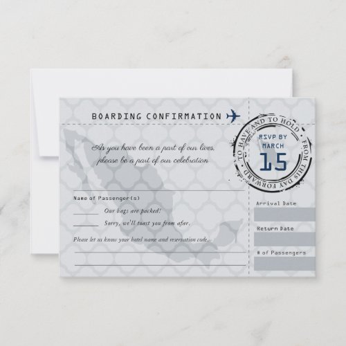 Gray and Navy Wedding RSVP Boarding Pass to Mexico