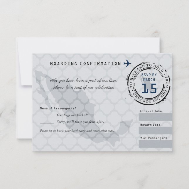 Gray and Navy Wedding RSVP Boarding Pass to Mexico (Front)