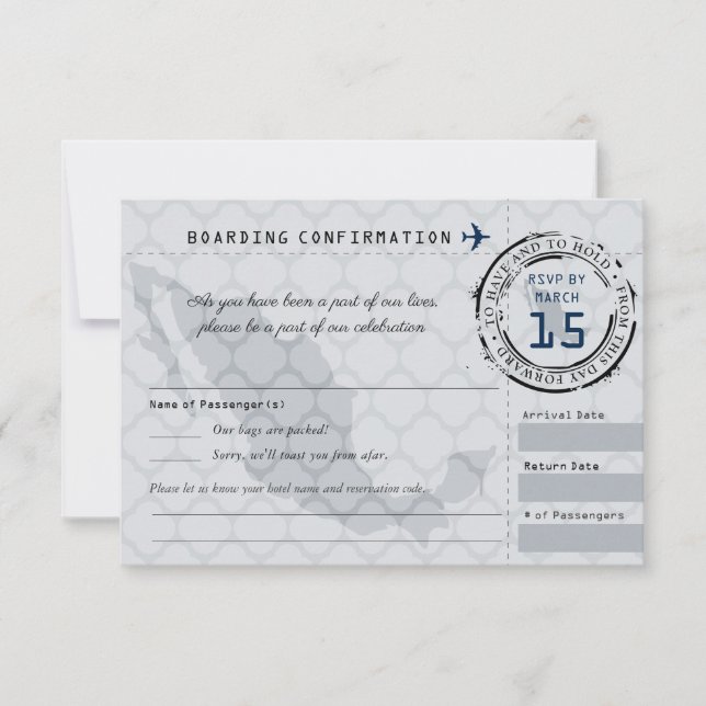 Gray and Navy Wedding RSVP Boarding Pass to Mexico Card (Front)