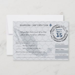 Gray and Navy Wedding RSVP Boarding Pass to Mexico Card