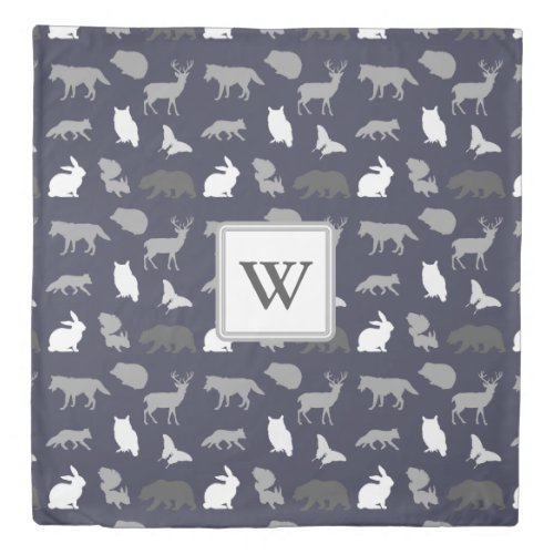 Gray and Navy Woodland Creatures Monogram Duvet Cover