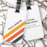 Gray and orange diagonal retro stripes white luggage tag<br><div class="desc">Luggage tag featuring three diagonal stripes in dark gray and two shades of orange on a white background and your custom name in a bold,  modern sans serif font. Add your contact information on the back.</div>