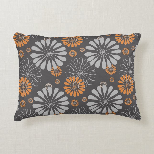 Gray and Orange Flower Accent Throw Pillow (Front)