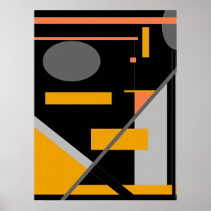Gray and Orange Geometric Shapes on Black Motif Poster