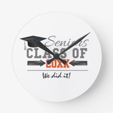 Gray and Orange Graduation Gear Round Clock