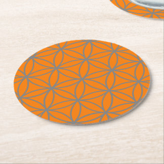 Gray and Orange Graphic Lotus Flower Design Round Paper Coaster