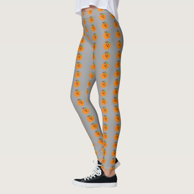 Gray and Orange Halloween Pumpkins Leggings (Left)