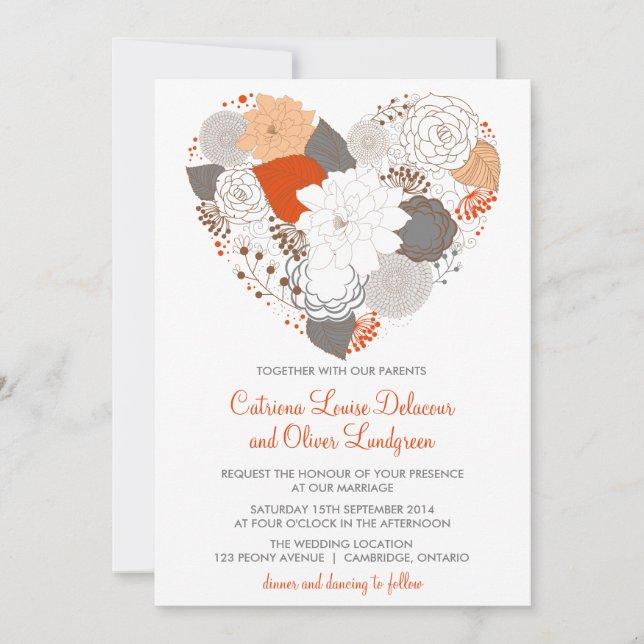 Gray and Orange Heart Flowers Wedding Invitation (Front)