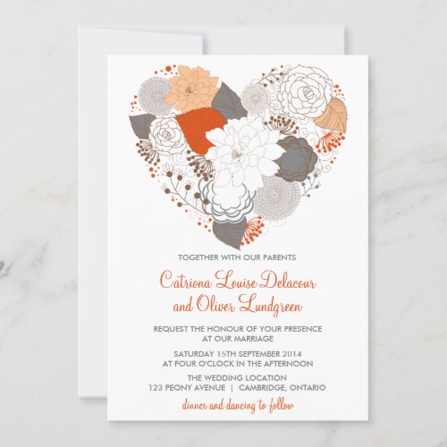 Gray and Orange Heart Flowers Wedding Invitation