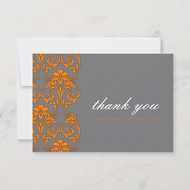 Gray and Orange Lace Wedding Thank You Card (Front)