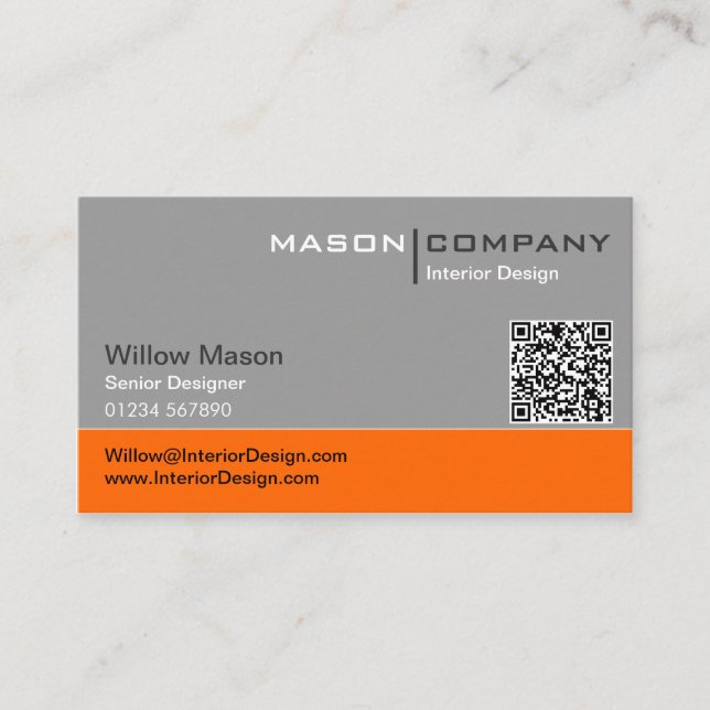 Gray and Orange QR Corporate Business Card (Front)