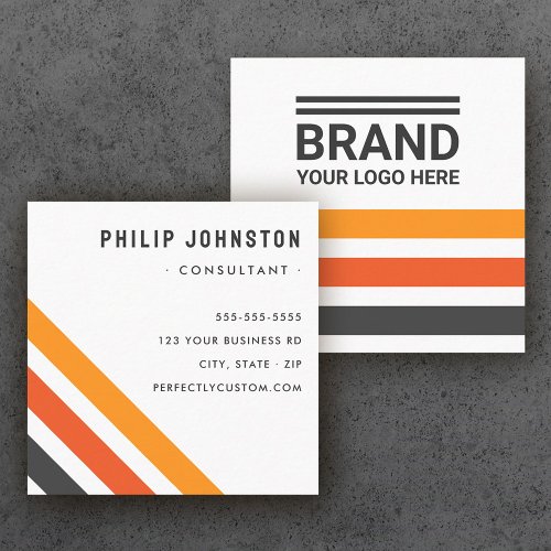 Gray and orange retro stripes add logo white square business card