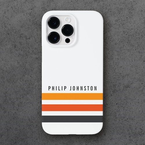 Gray and orange retro stripes custom name white Case_Mate iPhone 14 pro max case