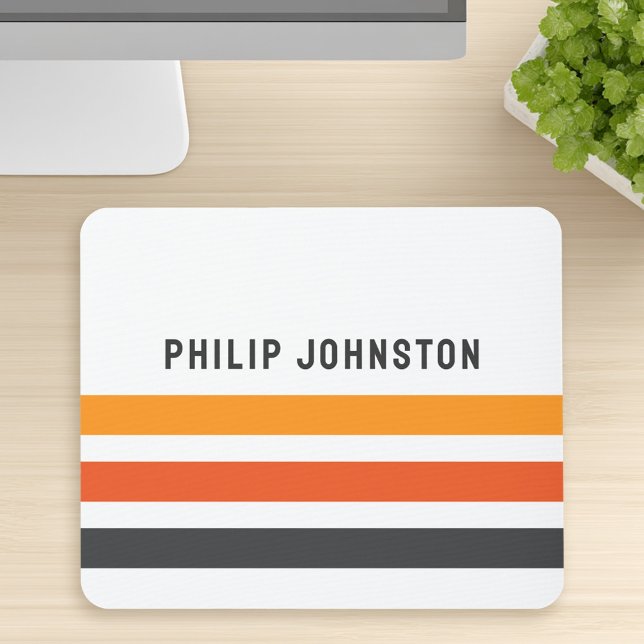 Gray and orange retro stripes custom name white mouse pad (Gray and orange retro stripes custom name white mouse pad)