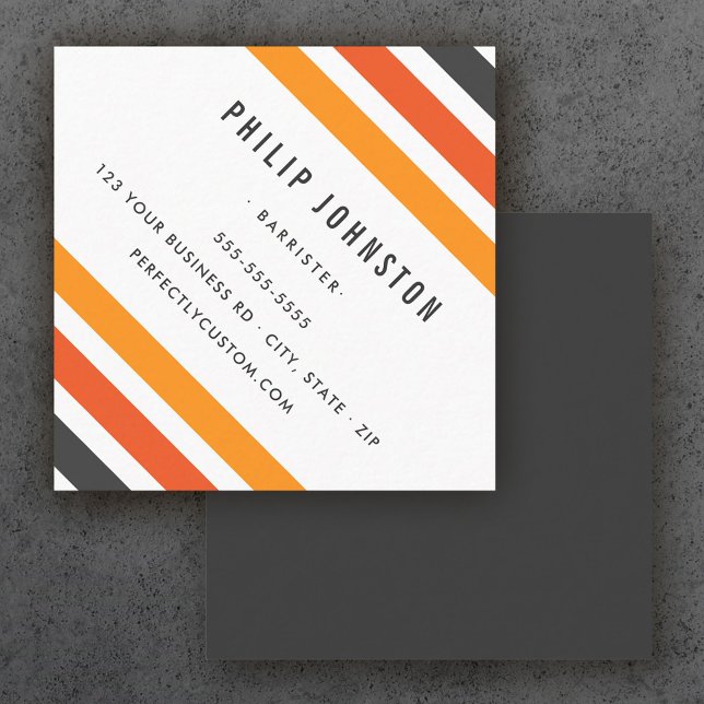 Gray and orange retro stripes white diagonal square business card (Creator Uploaded)