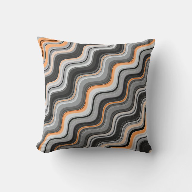 Gray and Orange Wavy Stripes Throw Pillow (Front)