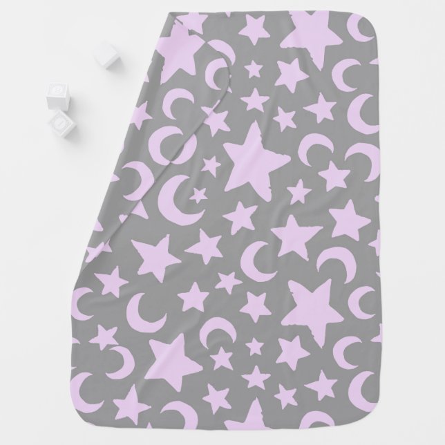 Gray and Pastel Purple Stars and Moons Baby Blanket (In Situ)