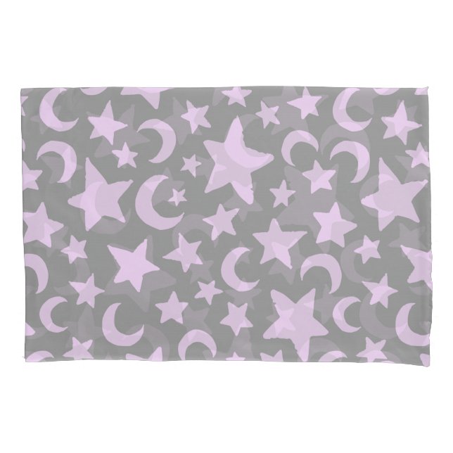 Gray and Pastel Purple Stars and Moons Pillow Case (Front)