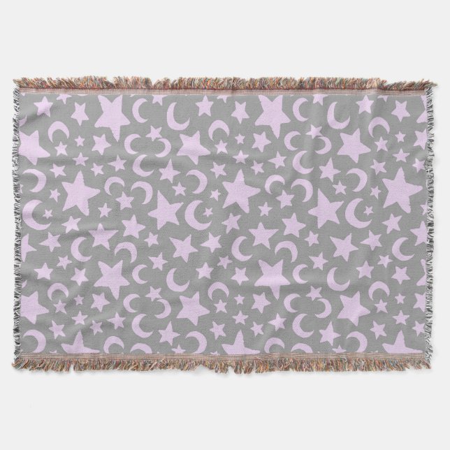 Gray and Pastel Purple Stars and Moons Throw Blanket (Front)