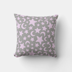 Gray and Pastel Purple Stars and Moons Throw Pillow