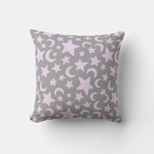 Gray and Pastel Purple Stars and Moons Throw Pillow (Front)