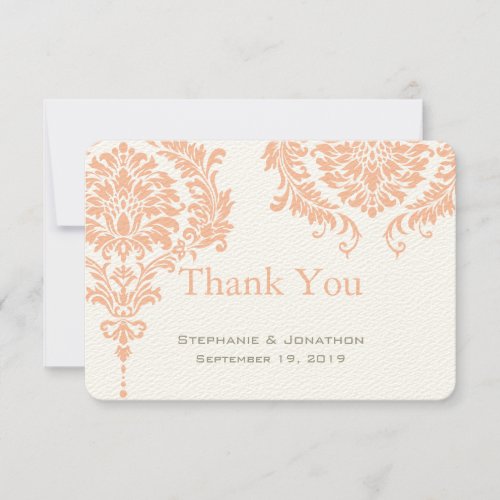 Gray and Peach Coral Damask Wedding Thank You