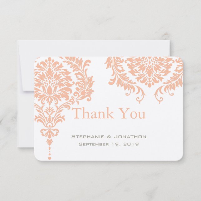 Gray and Peach Coral Damask Wedding Thank You Card (Front)