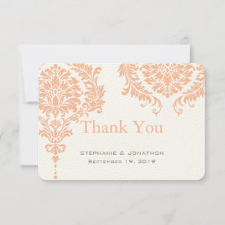 Gray and Peach Coral Damask Wedding Thank You Card