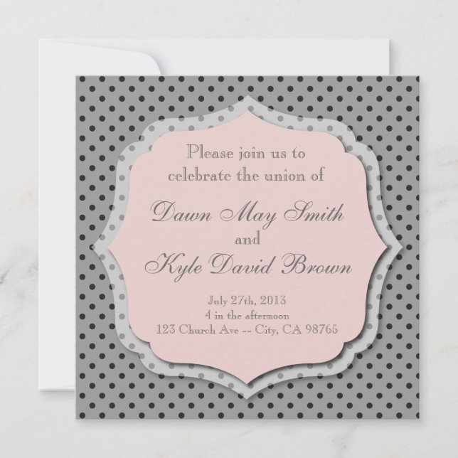 Gray and peach dotted wedding invitation (Front)