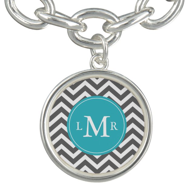 Gray and Peacock Teal Zigzags Monogram Bracelet (Design)