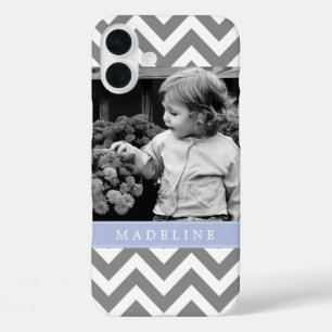 Gray and Periwinkle Zigzags Personalized Photo iPhone 16 Plus Case