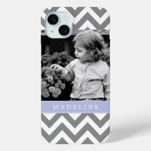 Gray and Periwinkle Zigzags Personalized Photo iPhone 15 Plus Case