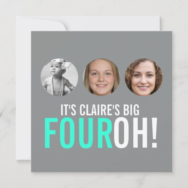 Gray and pink 40th FOUROH! photo birthday invite (Front)