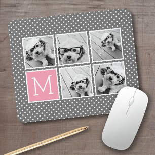 Gray and Pink 5 Photo Collage with Monogram Mouse Pad