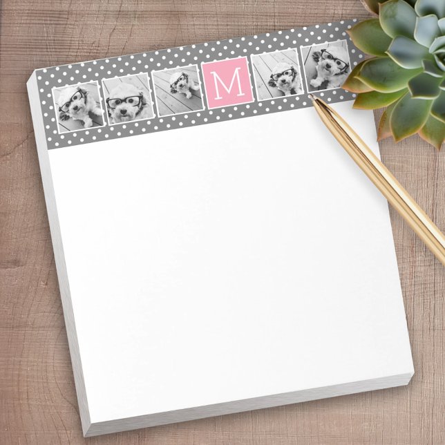 Gray and Pink 5 Photo Collage with Monogram Notepad (Personalized notepad - great for a gift or your home office)