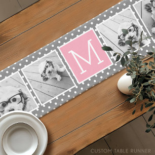 Gray and Pink 5 Photo Collage with Monogram Short Table Runner