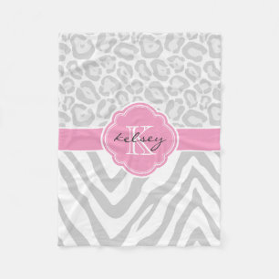 Gray and Pink Animal Print Custom Monogram Fleece Blanket