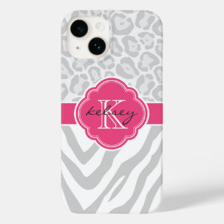 Gray and Pink Animal Print Monogram Case-Mate iPhone 14 Case