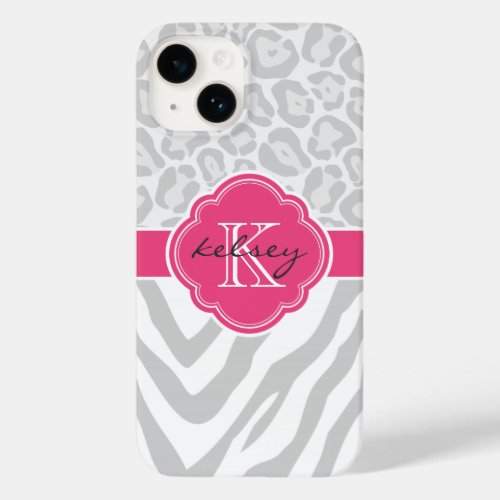 Gray and Pink Animal Print Monogram Case_Mate iPhone 14 Case