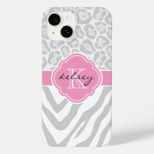 Gray and Pink Animal Print Monogram Case-Mate iPhone 14 Case