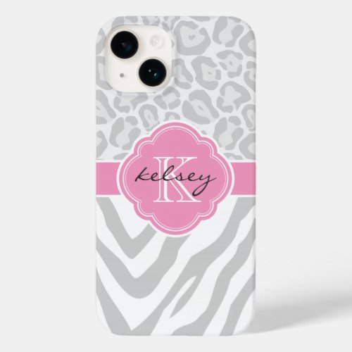 Gray and Pink Animal Print Monogram Case_Mate iPhone 14 Case