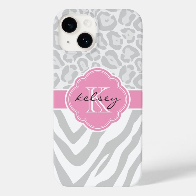 Gray and Pink Animal Print Monogram Case-Mate iPhone Case (Back)
