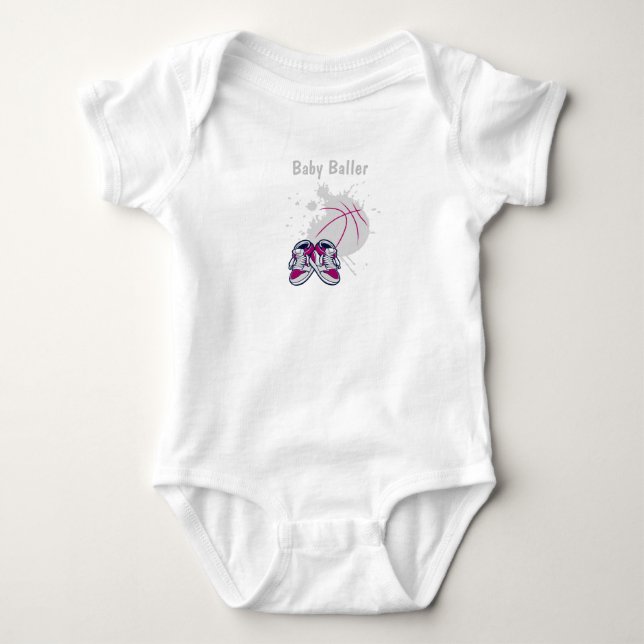 Gray and pink basketball & sneakers baby bodysuit (Front)
